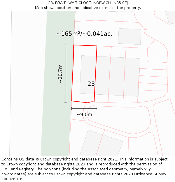23, BRAITHWAIT CLOSE, NORWICH, NR5 9EJ: Plot and title map