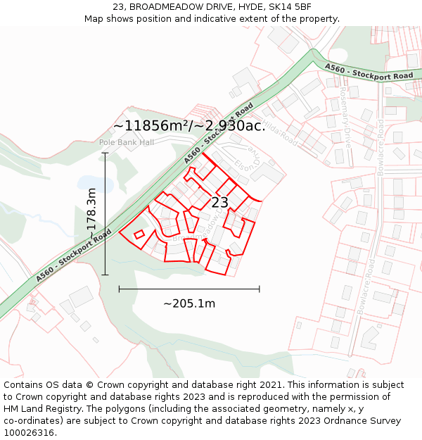 23, BROADMEADOW DRIVE, HYDE, SK14 5BF: Plot and title map