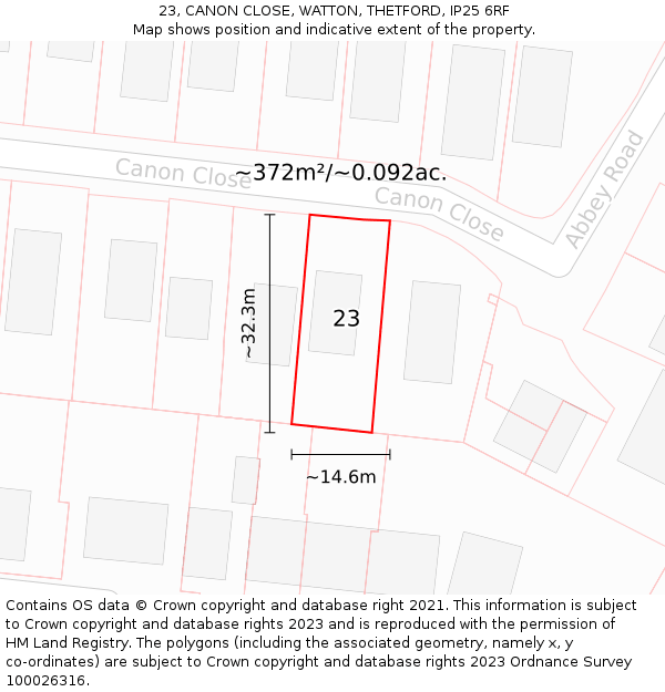 23, CANON CLOSE, WATTON, THETFORD, IP25 6RF: Plot and title map