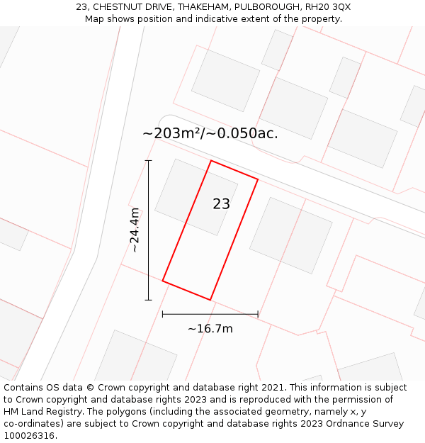 23, CHESTNUT DRIVE, THAKEHAM, PULBOROUGH, RH20 3QX: Plot and title map