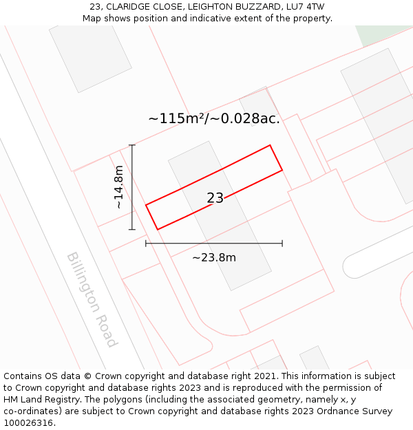 23, CLARIDGE CLOSE, LEIGHTON BUZZARD, LU7 4TW: Plot and title map