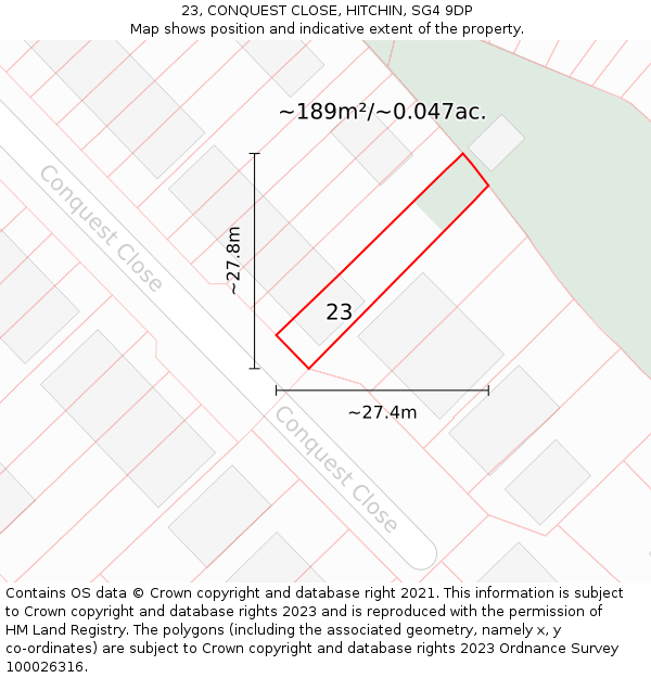 23, CONQUEST CLOSE, HITCHIN, SG4 9DP: Plot and title map