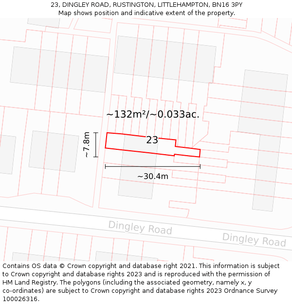 23, DINGLEY ROAD, RUSTINGTON, LITTLEHAMPTON, BN16 3PY: Plot and title map
