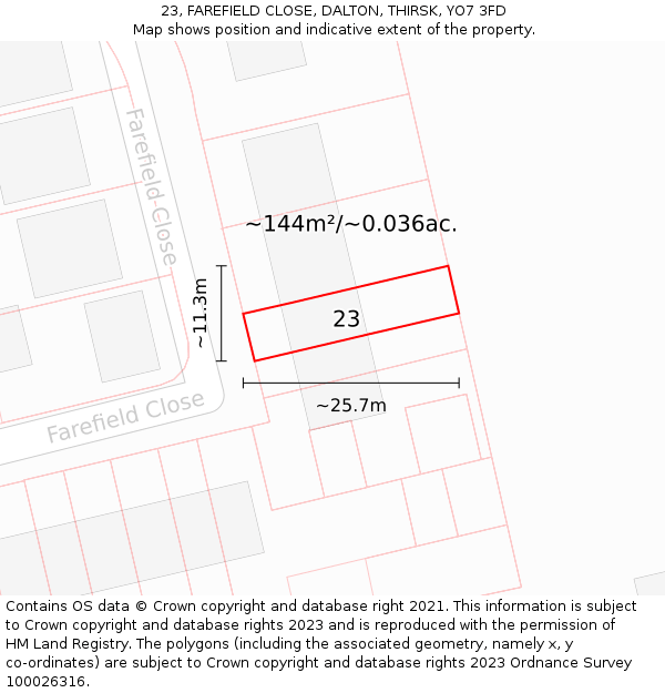 23, FAREFIELD CLOSE, DALTON, THIRSK, YO7 3FD: Plot and title map