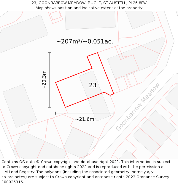 23, GOONBARROW MEADOW, BUGLE, ST AUSTELL, PL26 8FW: Plot and title map