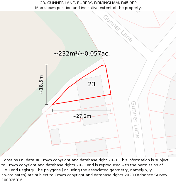 23, GUNNER LANE, RUBERY, BIRMINGHAM, B45 9EP: Plot and title map