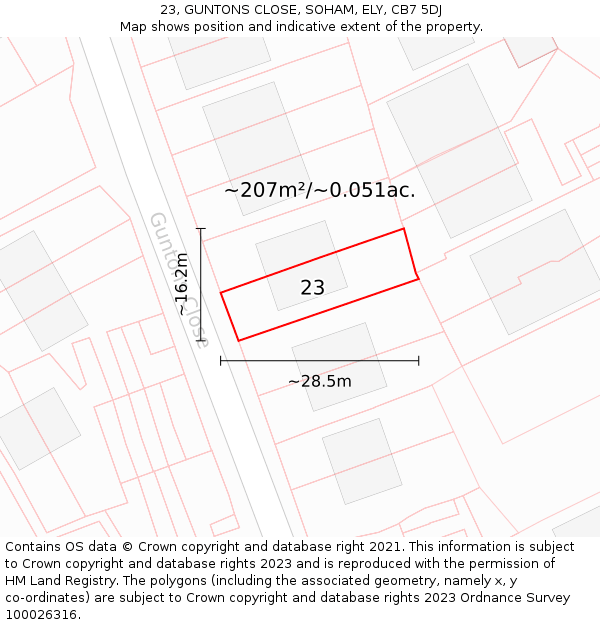 23, GUNTONS CLOSE, SOHAM, ELY, CB7 5DJ: Plot and title map