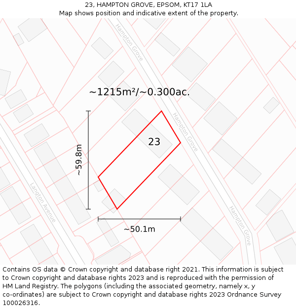 23, HAMPTON GROVE, EPSOM, KT17 1LA: Plot and title map
