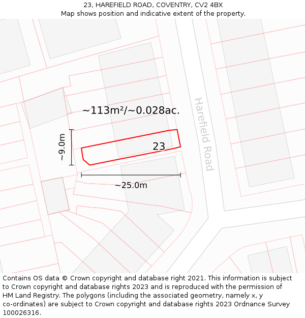 23, HAREFIELD ROAD, COVENTRY, CV2 4BX: Plot and title map