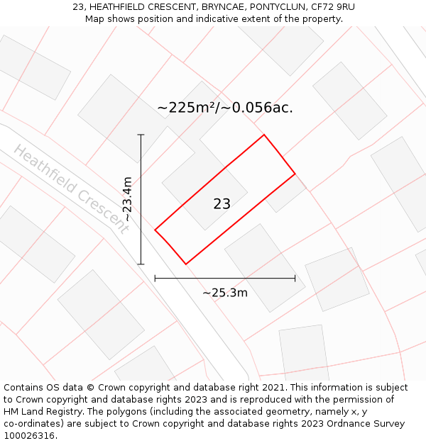 23, HEATHFIELD CRESCENT, BRYNCAE, PONTYCLUN, CF72 9RU: Plot and title map