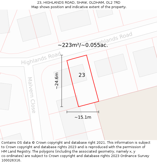 23, HIGHLANDS ROAD, SHAW, OLDHAM, OL2 7RD: Plot and title map