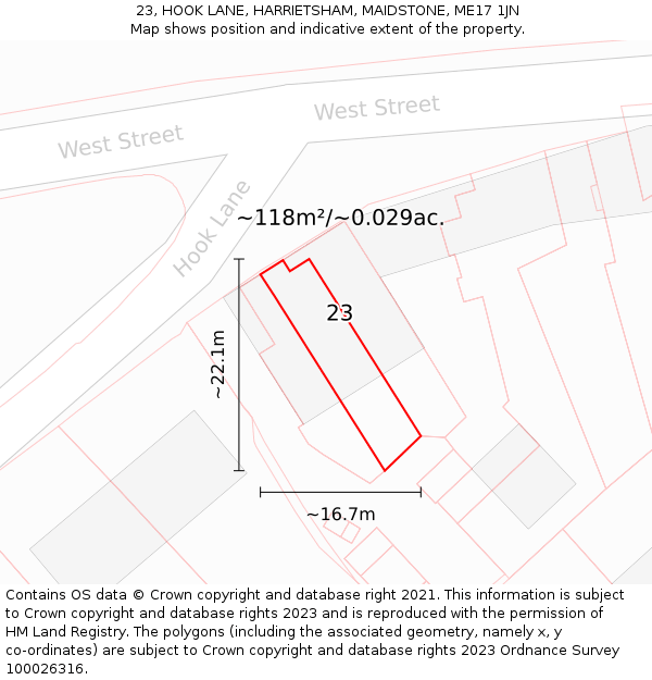 23, HOOK LANE, HARRIETSHAM, MAIDSTONE, ME17 1JN: Plot and title map