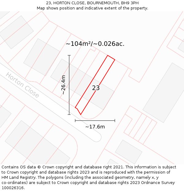 23, HORTON CLOSE, BOURNEMOUTH, BH9 3PH: Plot and title map