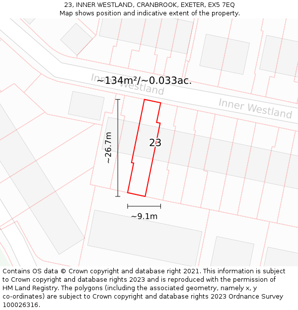23, INNER WESTLAND, CRANBROOK, EXETER, EX5 7EQ: Plot and title map