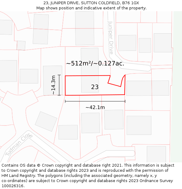 23, JUNIPER DRIVE, SUTTON COLDFIELD, B76 1GX: Plot and title map