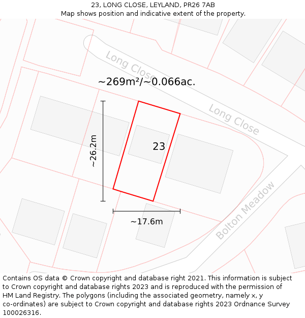 23, LONG CLOSE, LEYLAND, PR26 7AB: Plot and title map