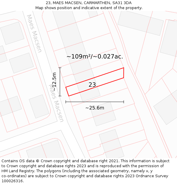 23, MAES MACSEN, CARMARTHEN, SA31 3DA: Plot and title map