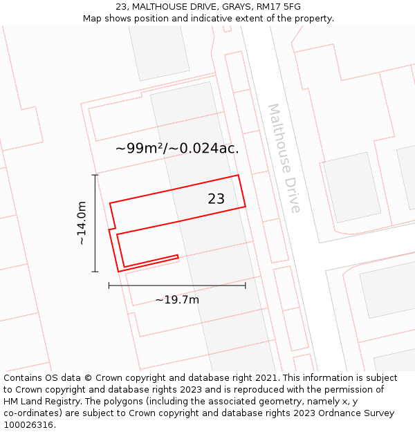23, MALTHOUSE DRIVE, GRAYS, RM17 5FG: Plot and title map