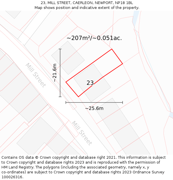 23, MILL STREET, CAERLEON, NEWPORT, NP18 1BL: Plot and title map