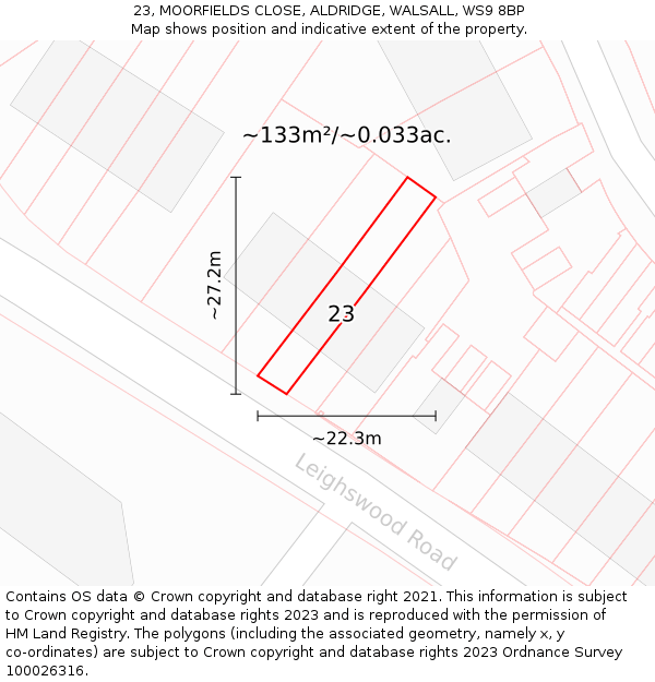 23, MOORFIELDS CLOSE, ALDRIDGE, WALSALL, WS9 8BP: Plot and title map