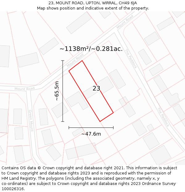 23, MOUNT ROAD, UPTON, WIRRAL, CH49 6JA: Plot and title map