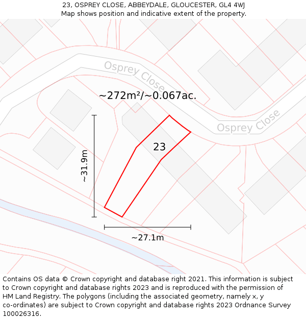 23, OSPREY CLOSE, ABBEYDALE, GLOUCESTER, GL4 4WJ: Plot and title map