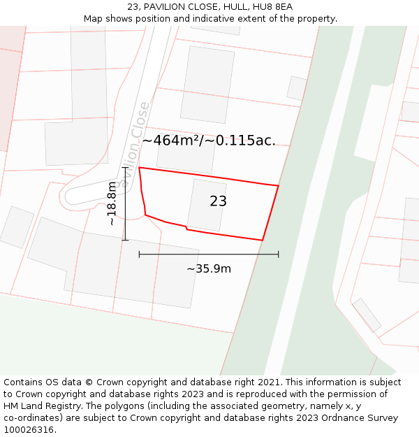 23, PAVILION CLOSE, HULL, HU8 8EA: Plot and title map