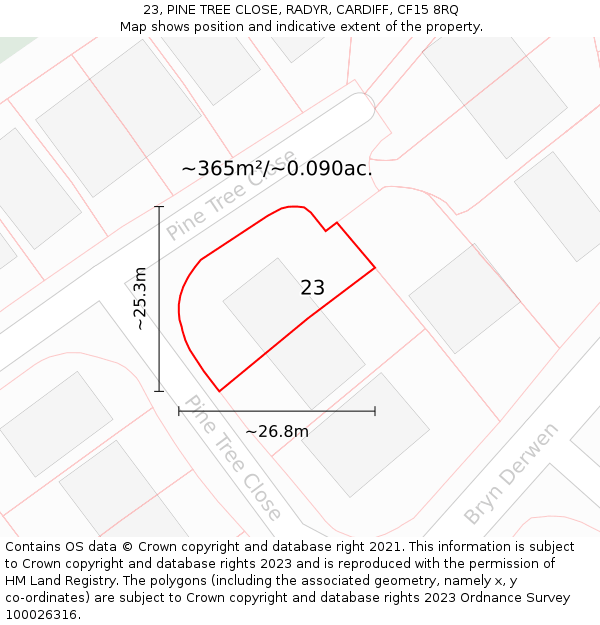 23, PINE TREE CLOSE, RADYR, CARDIFF, CF15 8RQ: Plot and title map