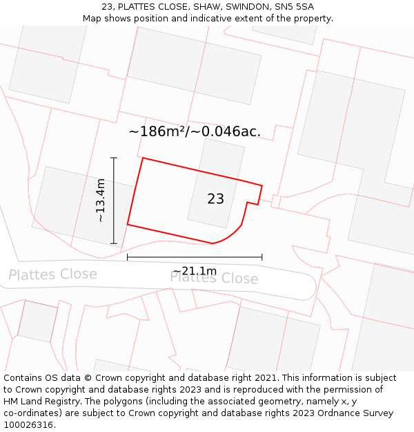 23, PLATTES CLOSE, SHAW, SWINDON, SN5 5SA: Plot and title map