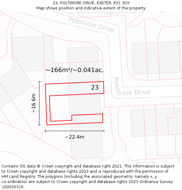 23, POLTIMORE DRIVE, EXETER, EX1 3DY: Plot and title map