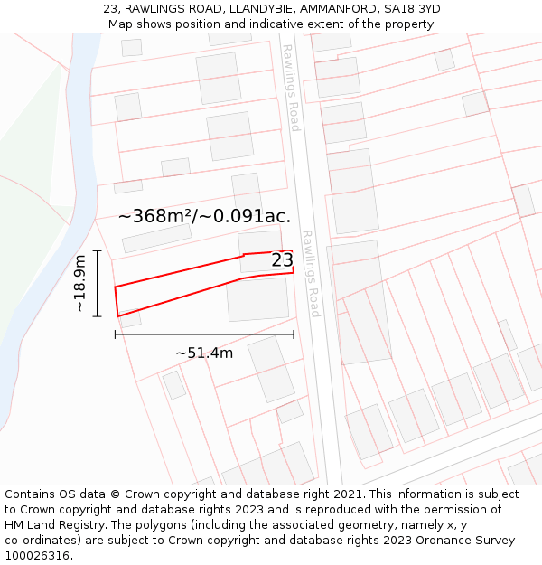 23, RAWLINGS ROAD, LLANDYBIE, AMMANFORD, SA18 3YD: Plot and title map