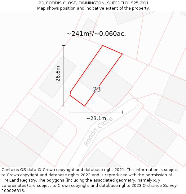 23, RODDIS CLOSE, DINNINGTON, SHEFFIELD, S25 2XH: Plot and title map