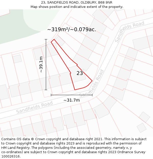 23, SANDFIELDS ROAD, OLDBURY, B68 9NR: Plot and title map