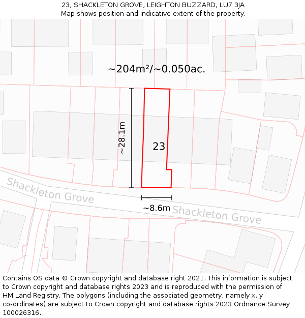 23, SHACKLETON GROVE, LEIGHTON BUZZARD, LU7 3JA: Plot and title map