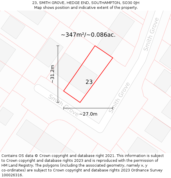 23, SMITH GROVE, HEDGE END, SOUTHAMPTON, SO30 0JH: Plot and title map