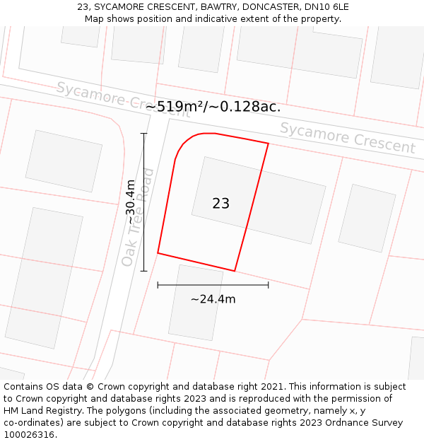 23, SYCAMORE CRESCENT, BAWTRY, DONCASTER, DN10 6LE: Plot and title map