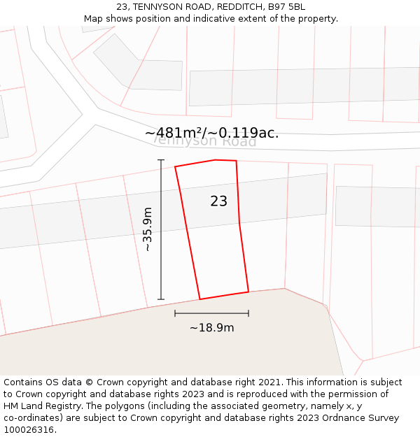 23, TENNYSON ROAD, REDDITCH, B97 5BL: Plot and title map