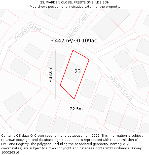 23, WARDEN CLOSE, PRESTEIGNE, LD8 2DH: Plot and title map