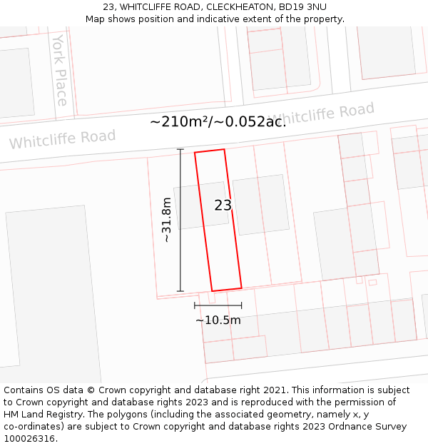 23, WHITCLIFFE ROAD, CLECKHEATON, BD19 3NU: Plot and title map