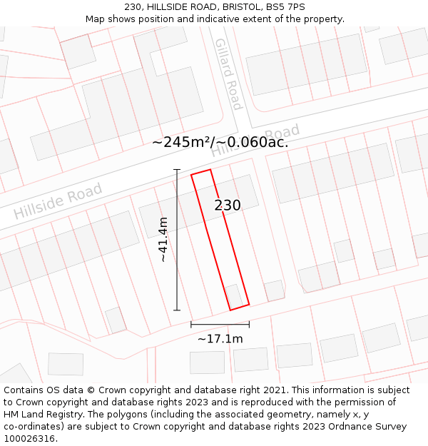 230, HILLSIDE ROAD, BRISTOL, BS5 7PS: Plot and title map