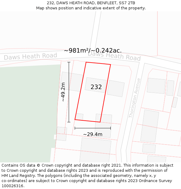 232, DAWS HEATH ROAD, BENFLEET, SS7 2TB: Plot and title map