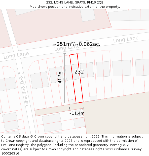 232, LONG LANE, GRAYS, RM16 2QB: Plot and title map