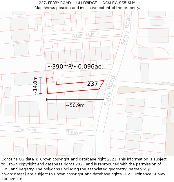 237, FERRY ROAD, HULLBRIDGE, HOCKLEY, SS5 6NA: Plot and title map