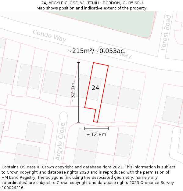 24, ARGYLE CLOSE, WHITEHILL, BORDON, GU35 9PU: Plot and title map