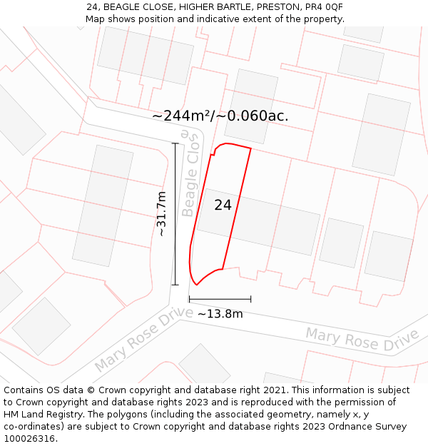 24, BEAGLE CLOSE, HIGHER BARTLE, PRESTON, PR4 0QF: Plot and title map