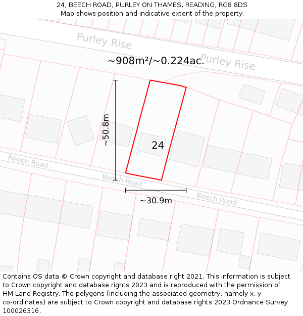 24, BEECH ROAD, PURLEY ON THAMES, READING, RG8 8DS: Plot and title map