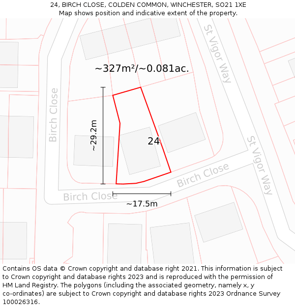 24, BIRCH CLOSE, COLDEN COMMON, WINCHESTER, SO21 1XE: Plot and title map