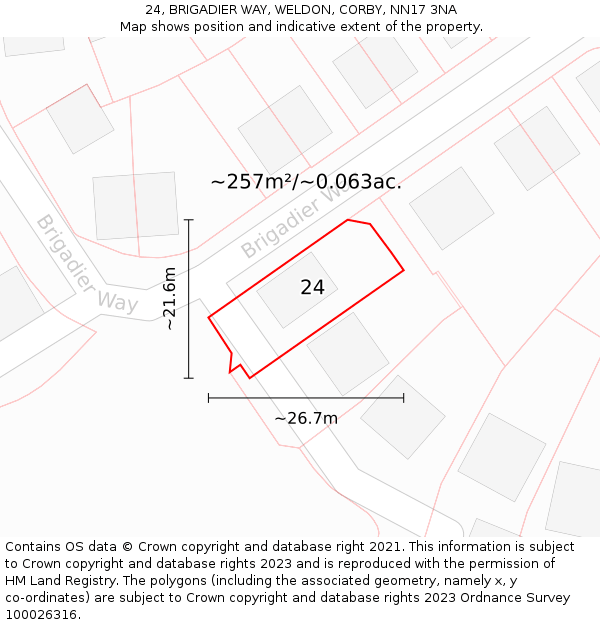 24, BRIGADIER WAY, WELDON, CORBY, NN17 3NA: Plot and title map