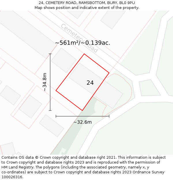 24, CEMETERY ROAD, RAMSBOTTOM, BURY, BL0 9PU: Plot and title map