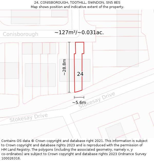 24, CONISBOROUGH, TOOTHILL, SWINDON, SN5 8ES: Plot and title map